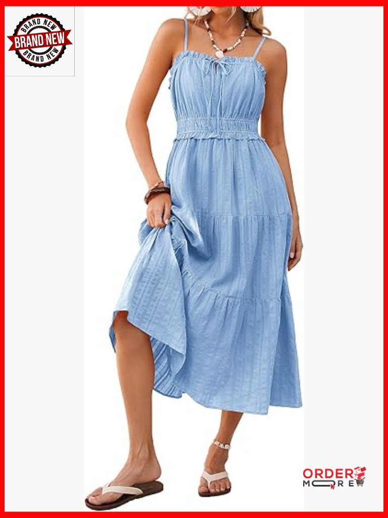 Sleeveless Midi Sundress With Pockets, Adjustable Straps, Elastic Waist